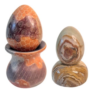 Vintage Carved Soapstone Egg & Rainbow Stone Egg Set of 2 W/ Stands For Sale