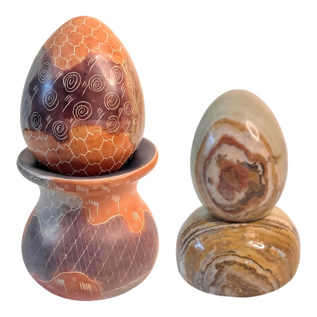 Vintage Carved Soapstone Egg & Rainbow Stone Egg Set of 2 W/ Stands For Sale
