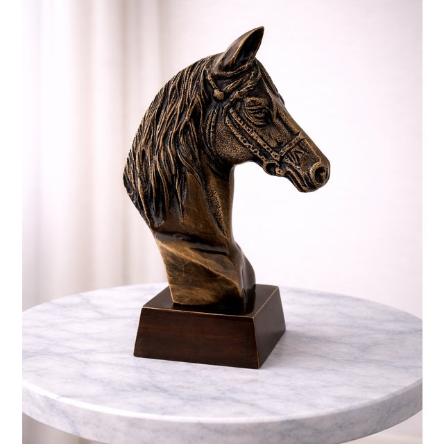 Modern Antique Brass Finish Metal Horse Bust Sculptures For Sale - Image 3 of 9