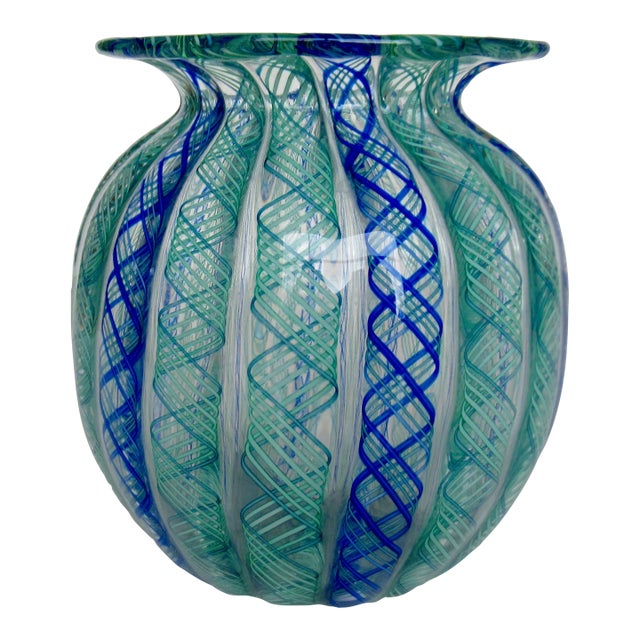 Vintage C.1960's Italian Hand-Blown Fratelli Toso "Latticino" Ribbon Murano Decorative "Bulbous" Vessel/Bowl For Sale