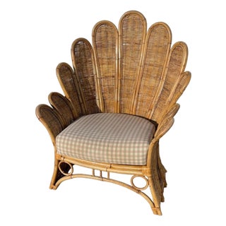 1970s Rattan Woven Wicker Peacock Fan Back Lounge Chair For Sale