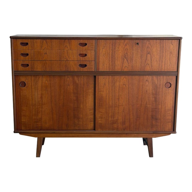 Vintage Danish Modern Teak Secretary Sideboard Cabinet With Drop Front Bar 1960s For Sale