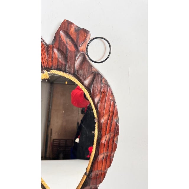 Rustic Brutalist Brown Color Mirror in Bass & Wood, France, 1960s For Sale - Image 4 of 9