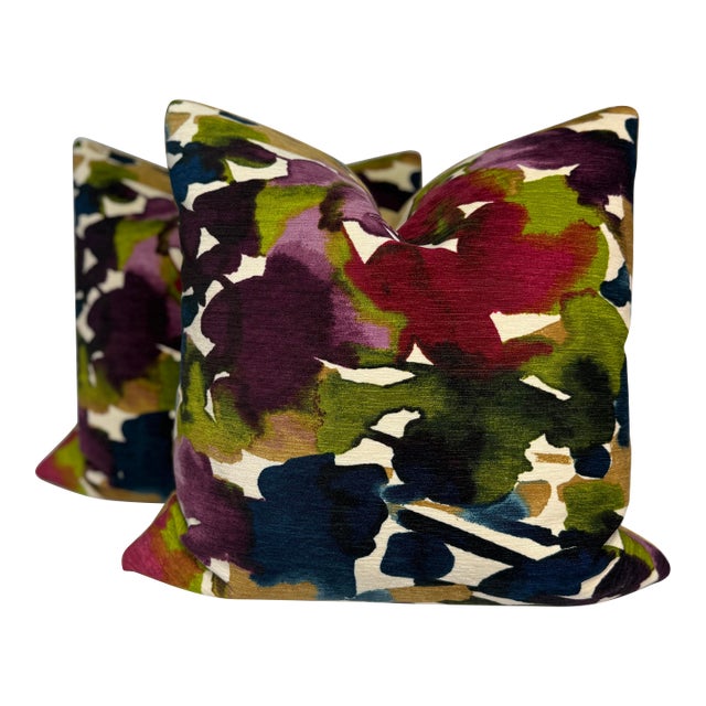 "Aquarelle Velvet" in Orchid 22" Pillows-a Pair For Sale