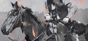 Rider by Alpay Efe | Oil on canvas of a rider on a horse in grayscale tones.