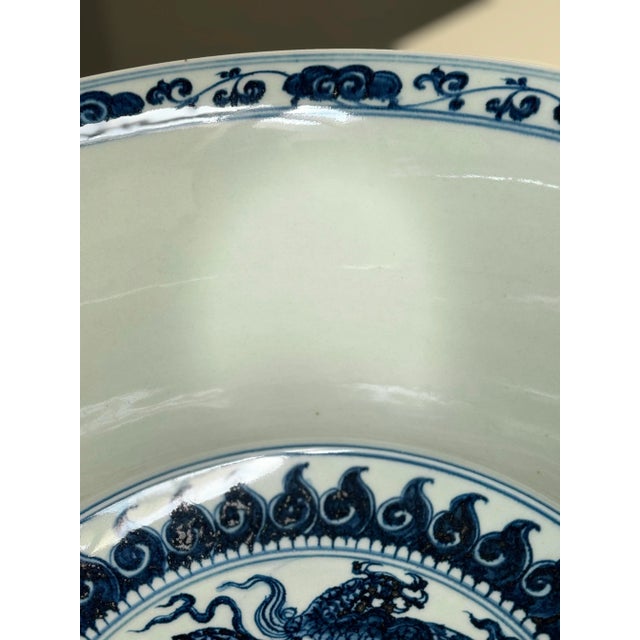 Blue Chinese Blue & White Dragon Porcelain Bowl With Xuande Mark – Qing/Republic Style For Sale - Image 8 of 12
