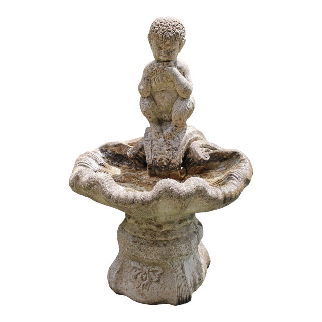 Mid-20th Century English Cast Stone Bird Bath Featuring Pan Playing Pipes For Sale