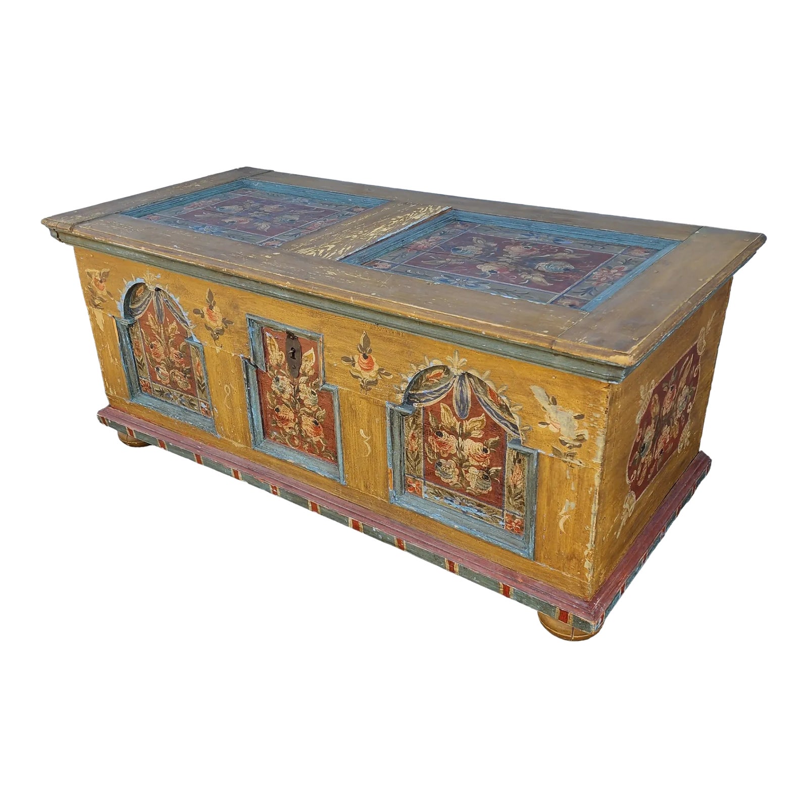 Antique Patinated German Trunk, Hand Painted With Floral Motif in