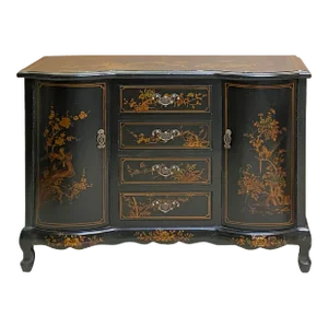 Chinese Black Veneer Golden Scenery Credenza Console Cabinet Table Hcs7680
