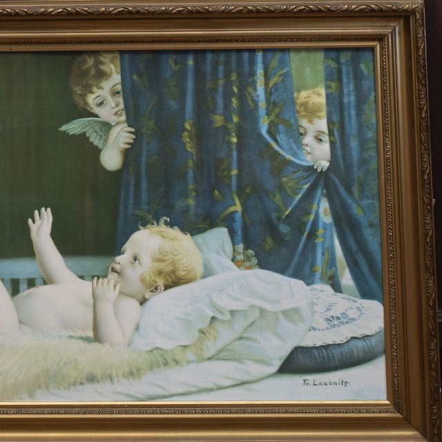 Bedtime Scene Lithograph on Canvas with Frame, Italy, 1930 For Sale - Image 3 of 5