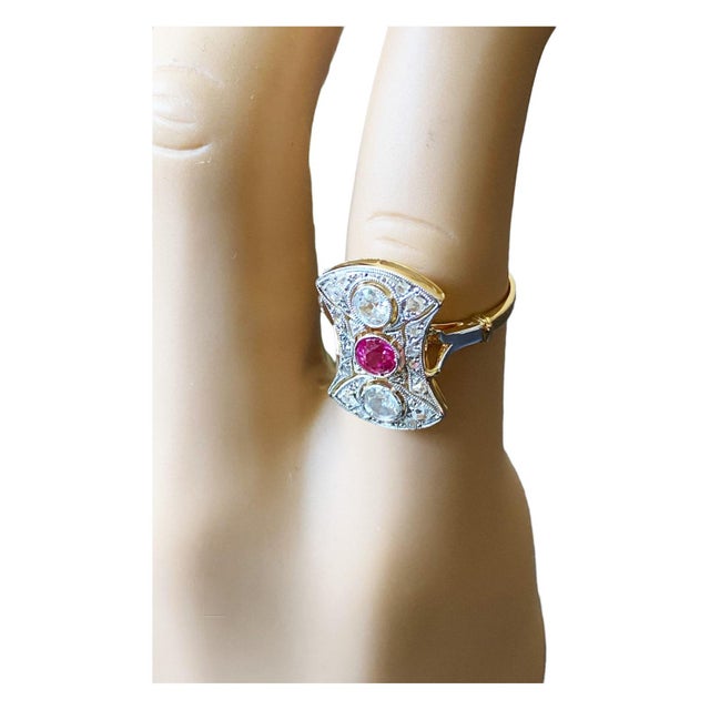 Metal 18k Gold Art Deco Antique Pink Sapphire & Diamond Shield Ring Size 7 1/2 For Sale - Image 7 of 9