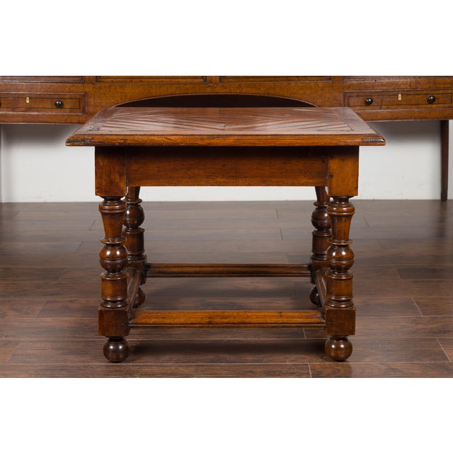 English 1850s Walnut Parquet Top Table with Single Drawer and Turned Legs For Sale - Image 4 of 12