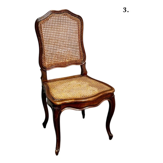Set of 4 Mid 20th Century French Louis XV Style Walnut Caned Dining Chairs — Handwoven Cane Seats & Backs For Sale