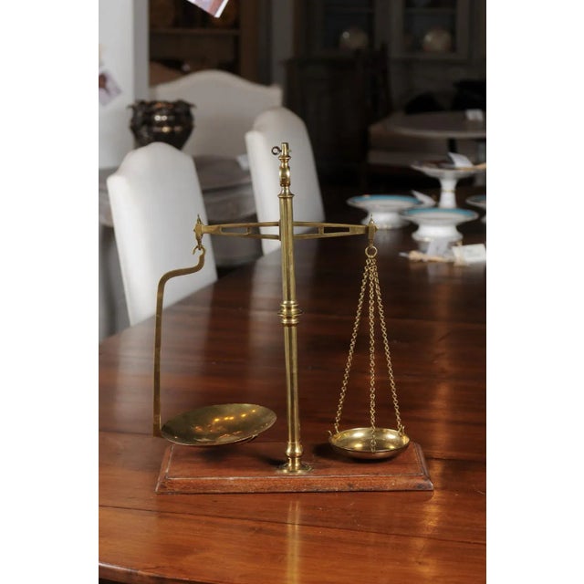 French 19th Century Freestanding Brass Tea Scale Mounted on Wooden Base For Sale - Image 10 of 12