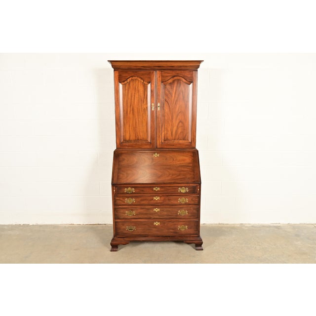 English Henkel Harris Georgian Solid Mahogany Drop Front Secretary Desk With Bookcase Hutch, 1969 For Sale - Image 3 of 18