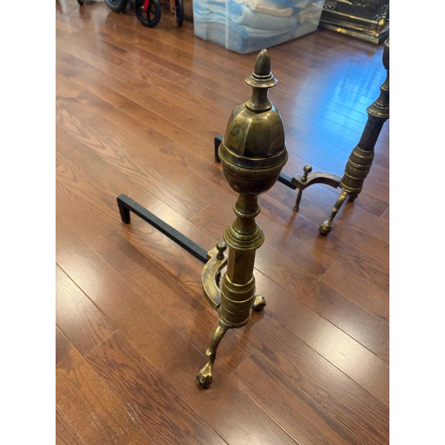 19th Century Antique American Brass and Cast Iron Fireplace Andirons W. Ball and Claw Feet For Sale - Image 9 of 12