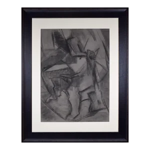 Vintage Cubist Charcoal Figure Drawing of a Seated Nude With Guitar 1985