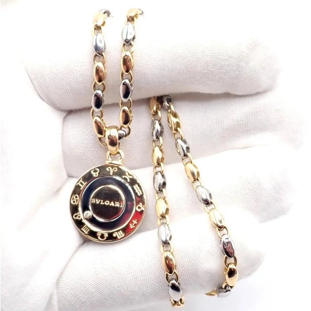 1970s Bulgari Zodiac Pendant Yellow Gold Steel Diamond Necklace For Sale - Image 10 of 12