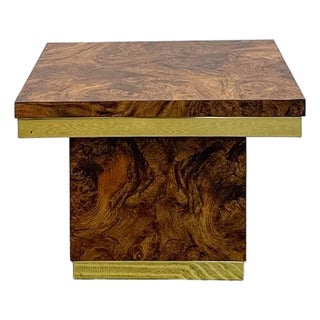 Mid 20th Century Milo Baughman Style Burlwood Brass Trim Side Table Vintage MCM Postmodern Accent For Sale