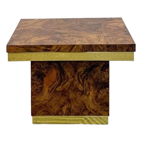 Mid 20th Century Milo Baughman Style Burlwood Brass Trim Side Table Vintage MCM Postmodern Accent For Sale