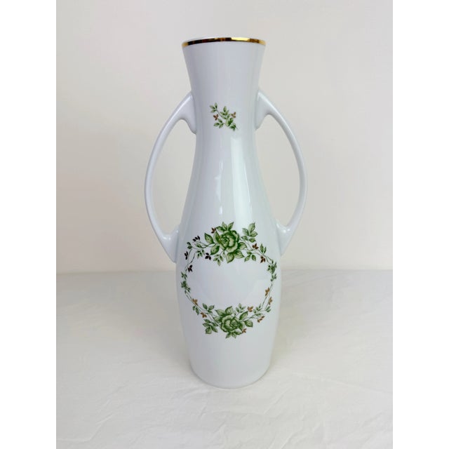 Hollohaza Hungary Green Floral Handled Porcelain Vase Beautiful vintage large vase. Erika is the name of the pattern....