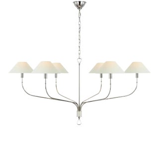 Amber Lewis for Visual Comfort Signature Griffin Extra Large Tail Chandelier in Polished Nickel and Parchment Leather with Linen Shades For Sale