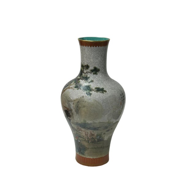 Chinese Chinese Gray Crackle 3 Rams Round Porcelain Vase For Sale - Image 3 of 10