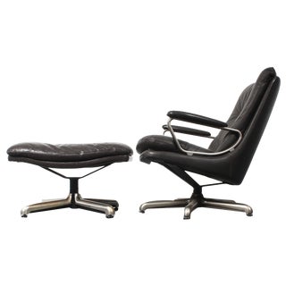 Set of Brown Leather Lounge Chair with Matching Stool by André Vandenbeuck for Strässle, 1960s For Sale