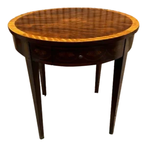 20th Century Federal Style Round Flame Mahogany Inlaid Marquetry Side Table. Marked English