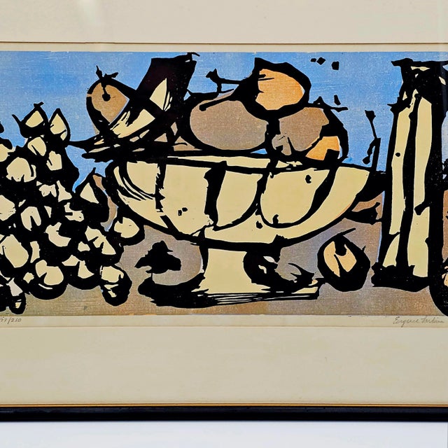 This 1957 color woodcut, “Yellow Vase,” by Eugene Larkin, is a sublime example of mid-century American printmaking. Hand-...