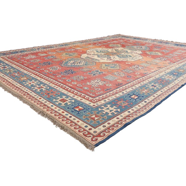 78954 Vintage Caucasian Soumak Rug, 09'09 x 13'05. This handwoven wool vintage Caucasian Soumak rug is a stunning...