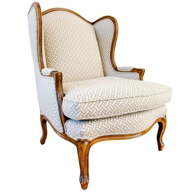 French Provincial French Provincial Wingback Chairs With Geometric Upholstery Attributed to Baker - A Pair For Sale - Image 3 of 18