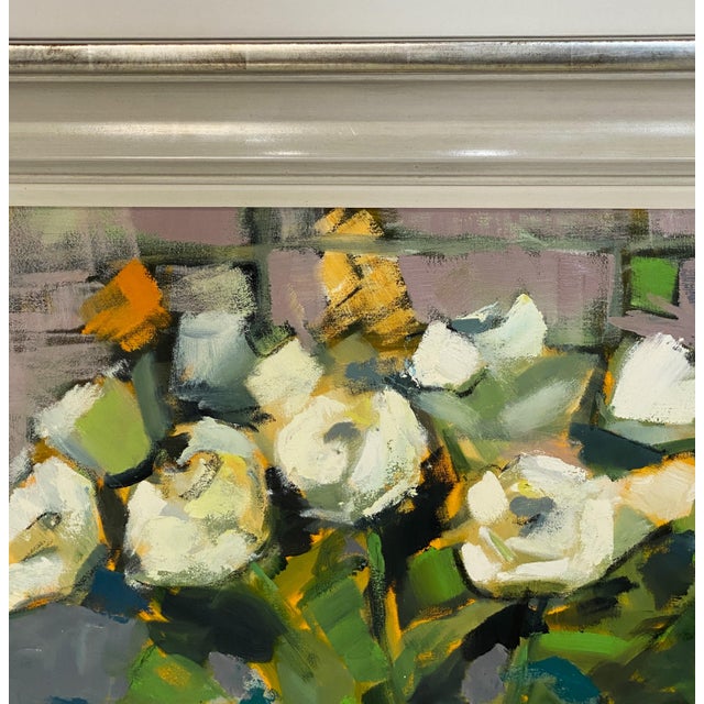 Contemporary British Framed Oil Painting on Canvas (White Roses in Mustard Pot) For Sale - Image 10 of 12