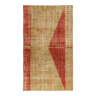1960s Vintage Art Deco Distressed Rug, Red, Gold Geometric Pattern For Sale