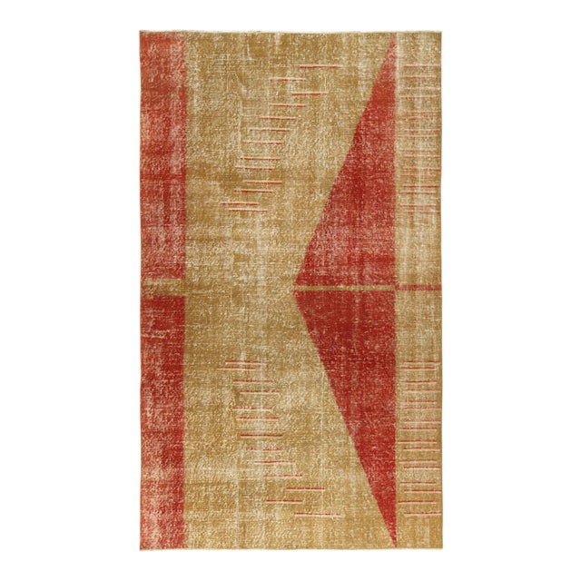 1960s Vintage Art Deco Distressed Rug, Red, Gold Geometric Pattern For Sale