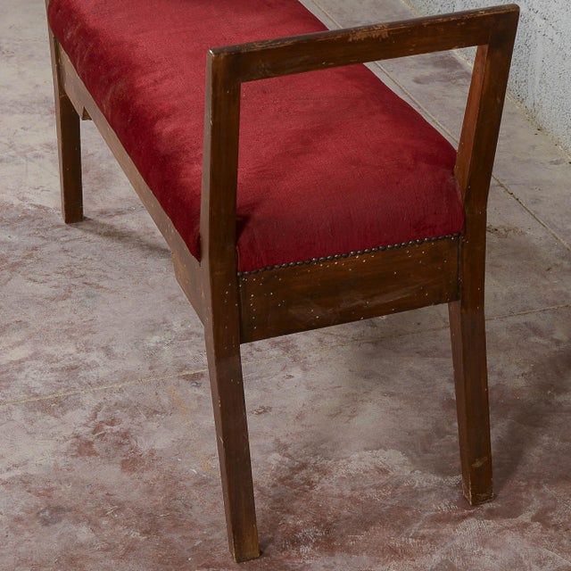 Brown Small Wooden Bench Upholstered in Red Art Deco Velvet, 1940s For Sale - Image 8 of 18