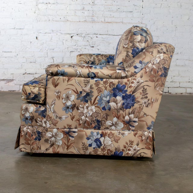 Taupe Mid-20th Century Traditional Sofa or Loveseat With Floral Chintz Fabric and Front Brass Ball Casters For Sale - Image 8 of 18