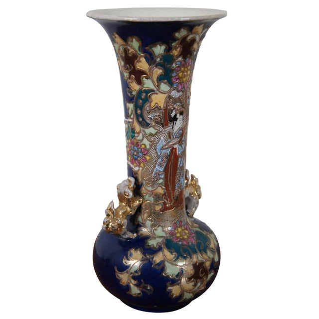 Antique Japanese Meiji Era Porcelain Satsuma Figural Kutani Vase Fu Dogs Geisha For Sale - Image 13 of 13