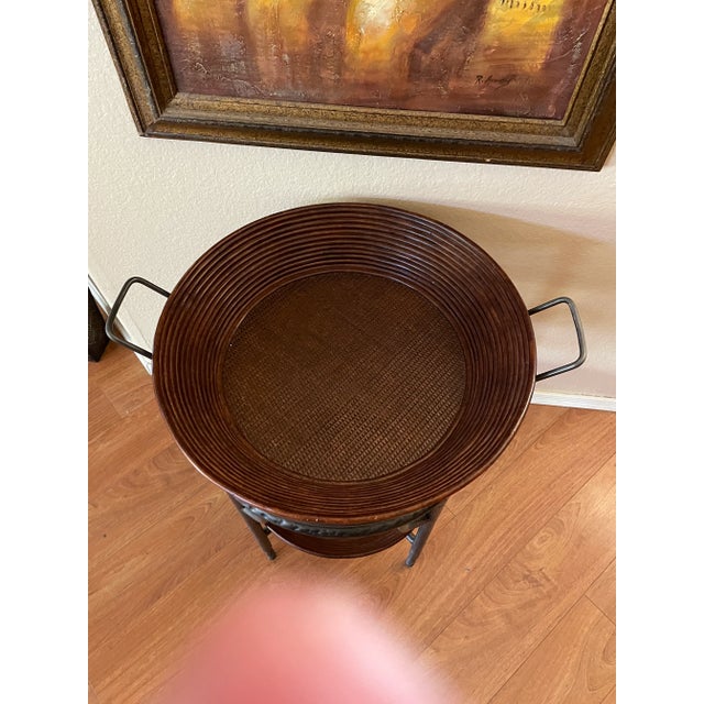 Wood 1960s Vintage Wrought Iron Bamboo and Wicker Tray Table For Sale - Image 7 of 9