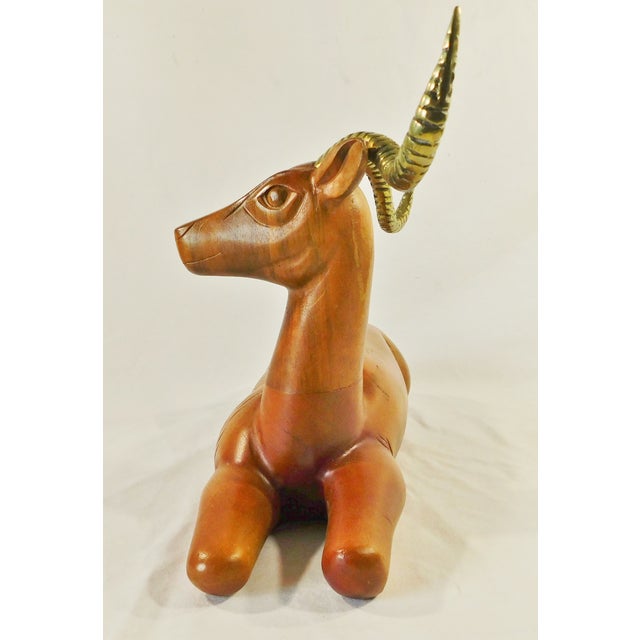 Large Vintage Mid Century Carved Wood Antelope Sculpture With Brass Horns For Sale In West Palm - Image 6 of 10