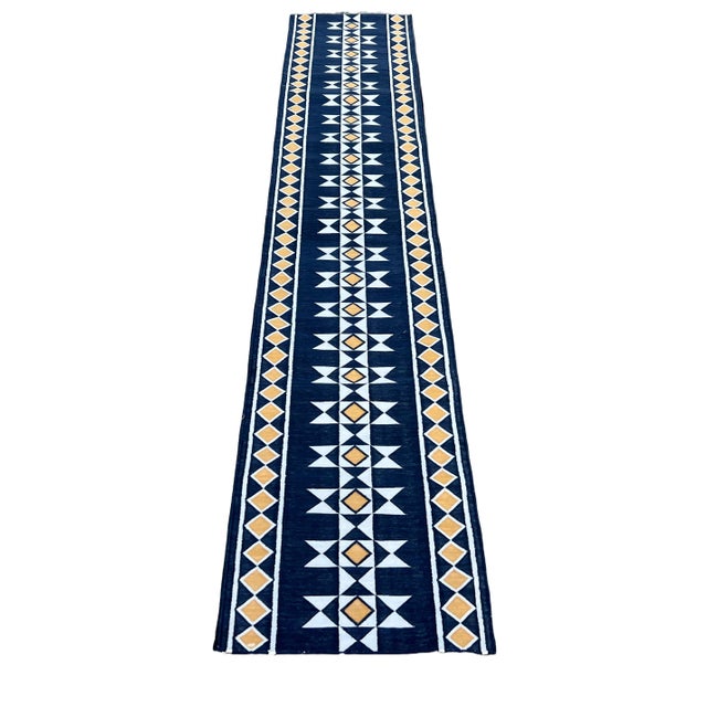 Handmade Cotton Navy Blue Geometric Runner Rug, Vegetable Dyed Dhurrie Runner -2.5'x16' For Sale - Image 9 of 11