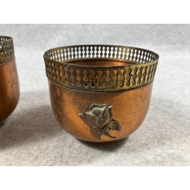 1940s Copper Brass Reticulated Footed Planters With Rose - A Pair For Sale - Image 12 of 18