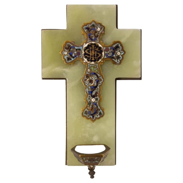Antique French Napoleon III Champleve Onyx Holy Water Font Crucifix For Sale - Image 9 of 9