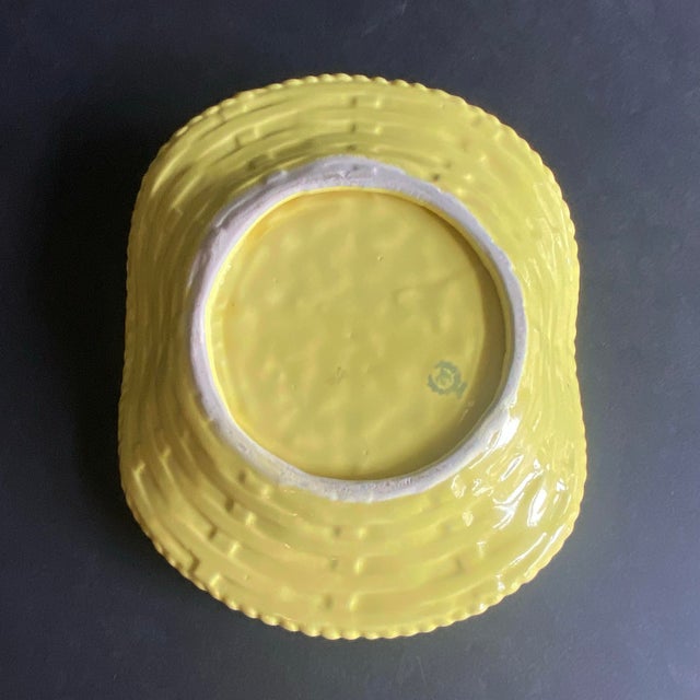 Ceramic Vintage Yellow Majolica Trompe L’Oeil Basketweave Trinket Dish / Catchall For Sale - Image 7 of 9
