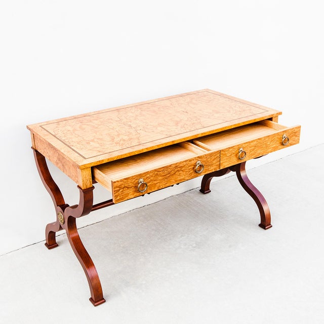 Neoclassical Restored Burl & Brass Vintage Regency Writing Desk by Baker For Sale - Image 3 of 15