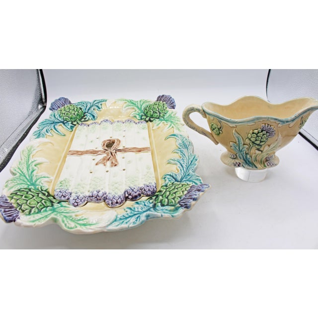 1900 - 1909 Circa 1900 French Majolica Asparagus Serving Tray With Drainer & Sauce Boat For Sale - Image 5 of 11