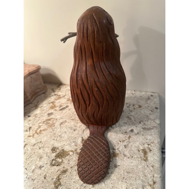 Mid-Century Modern 1970's Sarreid Ltd. Spanish Carved Wooden 8.5" H Beaver With Brass Twig For Sale - Image 3 of 5