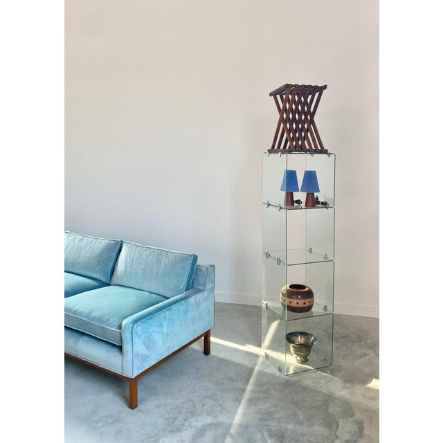 Sculptural Folk Art handmade side table, created from scrap wood slats. Sturdy and topped with a 3/8” thick glass top. One...