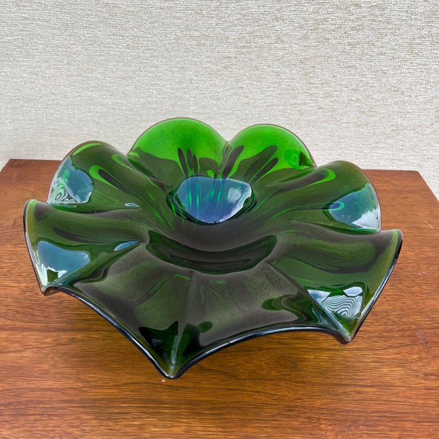 Large Mid-Century Modern Handblown Emerald Art Glass Centerpiece in the Murano Art Glass Style. Circa 1960s. Features a...