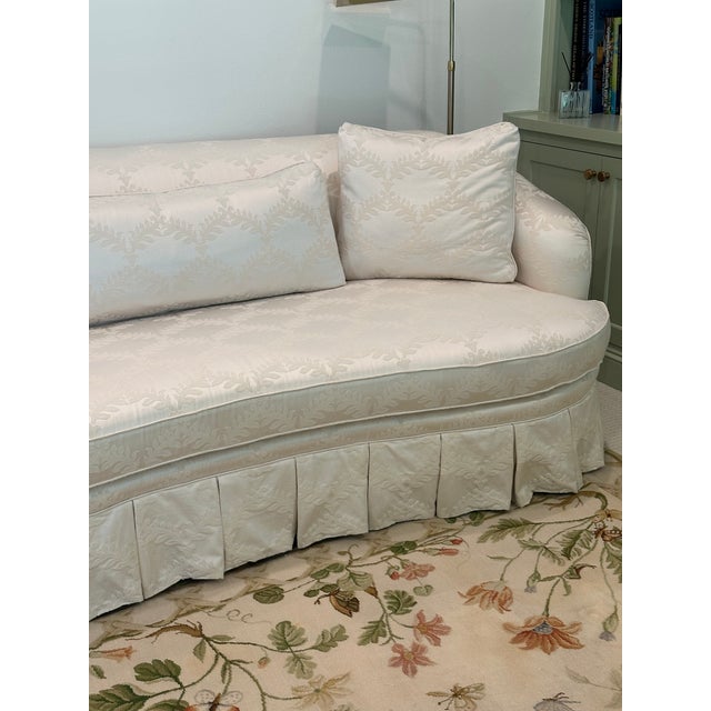 Vintage Curved Skirted Sofa Reupholstered in Ivory Silk Damask For Sale - Image 4 of 13